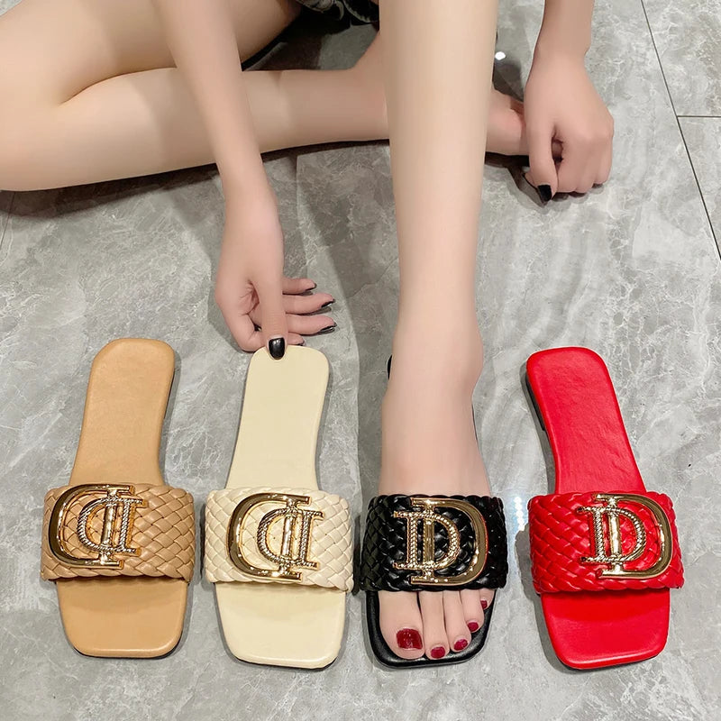 Women Slippers Luxury Decor Weave Designer Flat Sandals Fashion Open-toe Vacation Slides Women Party Sexy Elegant Slippers Women