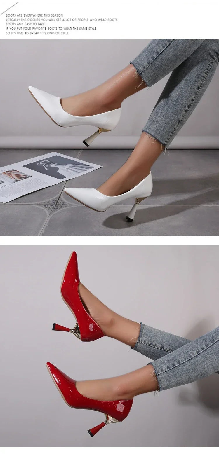 Shoes Woman 2024 Trend New Summer Red Heels Elegant Woman Black Heeled Pointed Toe Pumps Dress Leather White Ladies Shoe