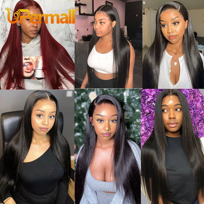 Upermall 2/3/4 Remy Straight Human Hair Bundles With Frontal Brazilian Transparent Pre Plucked 13x4 Lace Closure and Bundle 10A