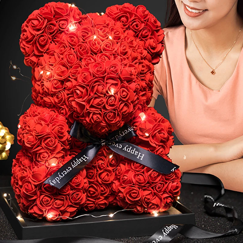 Valentine Gifts Decoration Rose Bear Artificial Flower With Box Lights Teddy Bear For Women Girlfriend Birthday Gift Love Flower