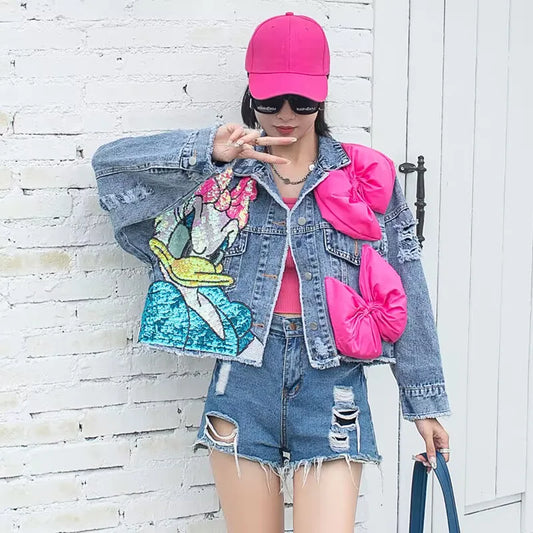 2023 New Women Coat Cartoon Sticker Embroidered Sequin Short Denim Jacket Loose Bowknot Top