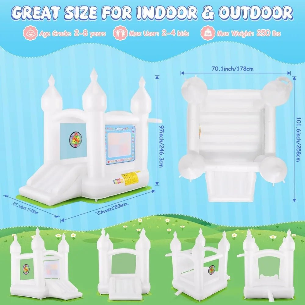 White Bouce House for Toddler, Kids Bounce House Bounce Castle with Water Canvas,Basketball,Bar Dart & 108 Balloons, Bouncy Hous