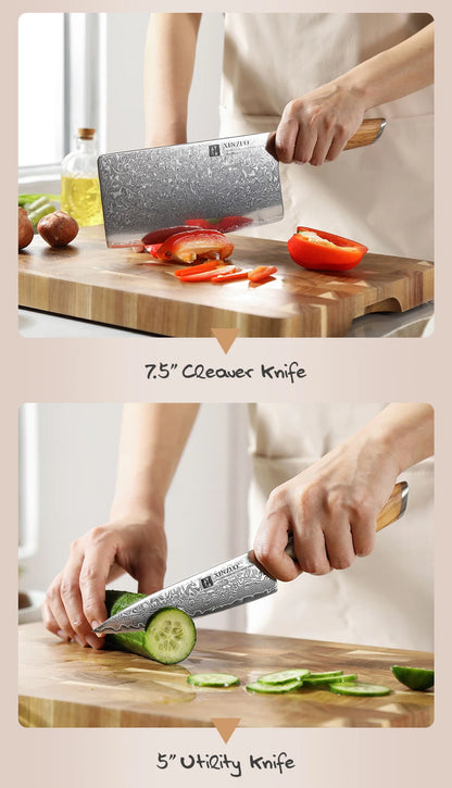 XINZUO 1-8pcs Kitchen Knife Set 73 Layers Custom Damascus Steel 15°±1 Per Side Steel Blade with Olive Wood Handle