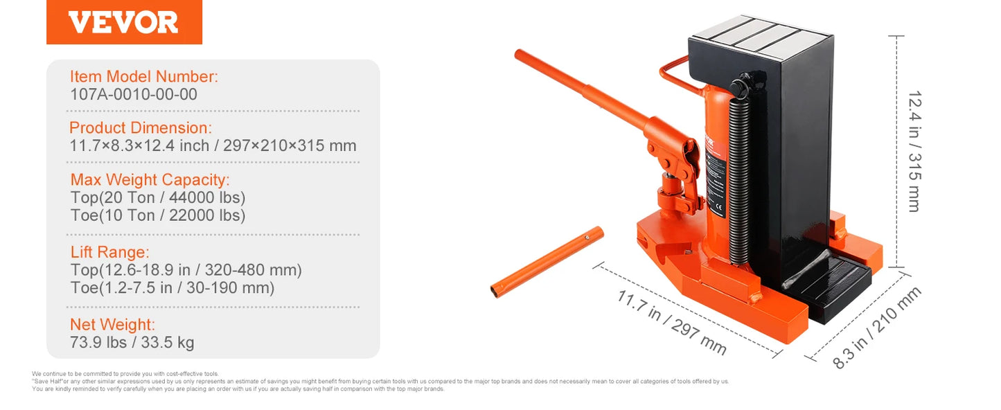 VEVOR Hydraulic Toe Jack 2.5 Ton On Toe Toe Jack Lift 5 Ton On Top Lift Capacity Machine Jack 0.8-5.3 in Toe Height 8.9-13.4 Top