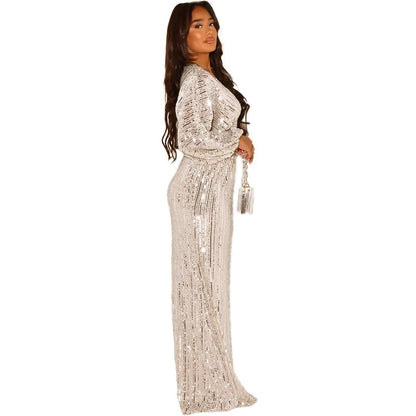 Women Sequins Splice Dress V Neck Full Sleeve A Line Evening Dresses Party Solid High Waist Long Skirts Office Lady Prom