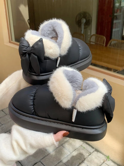 Bow Knot Short Ankle Snow Boots Women Winter Plush And Thick Insulation Waterproof PU Cotton Household Shoes Home Slipper Women - MAGUSTA BEAUTY