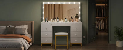 The Dressing Table Comes with A Mirror, Power Sockets, and 14 Lights. It Has 8 Drawers and 3 Lighting Colors