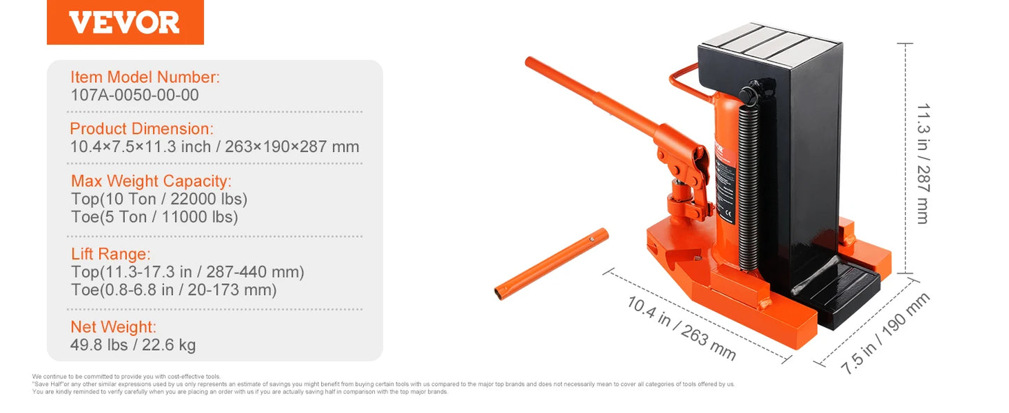 VEVOR Hydraulic Toe Jack 2.5 Ton On Toe Toe Jack Lift 5 Ton On Top Lift Capacity Machine Jack 0.8-5.3 in Toe Height 8.9-13.4 Top