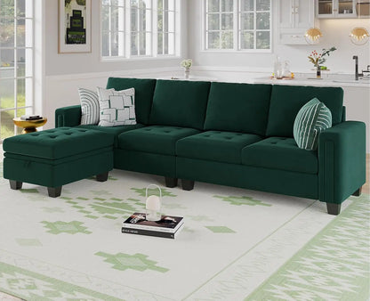 Velvet Reversible Sectional Sofa with Chaise Convertible L Shaped 4 seat Sectional Couch with Storage Ottomans Green