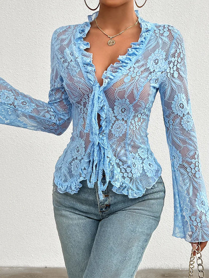 Women's Summer Long Sleeve Lace See-through Sexy Blouse,Shirts & Blouses,Women Clothing,Womens Tops And Blouses,Tops For Women