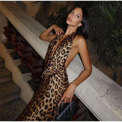 Women Elegant Leopard Print Lace-up Halter Dress Sexy Backless Deep V-neck Slim Long Dresses 2024 New Lady High Street Partywear