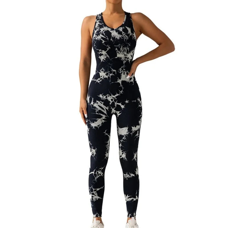 Tie-dye yoga jumpsuit, tuminel and hip lift, trousers, seamless breathable leggings, sports fitness wear women set yoga women