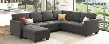 Velvet Modular Sectional Sofa, Convertible L Shaped Sofa Couch with Storage Top Tray Ottoman Corner Couch,Dark Blue