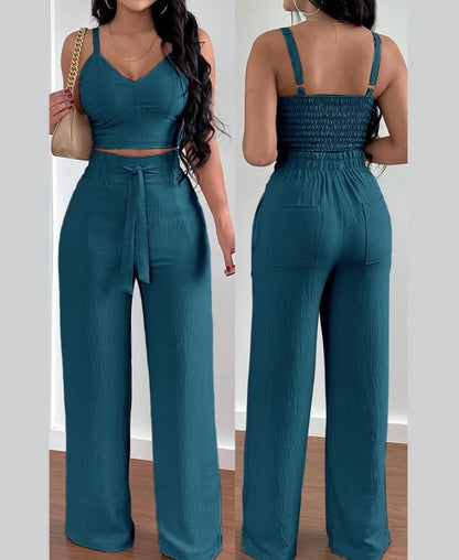 Two Piece Set Women Outfit 2024 Summer Fashion V-Neck Sleeveless Shirred Crop Top & Casual Pocket Design Wide Leg Pants Set