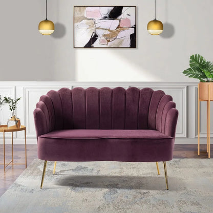 Velvet Loveseat Sofa with Flower Shaped Back, 2-Seater Sofa for Living Room, Comfy Upholstered Love Seat Couch with Gold Legs