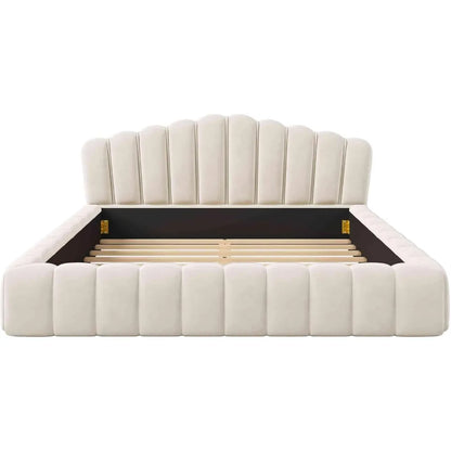 Upholstered King Size Bed with Shell Headboard, Velvet Floor Bedstead, Solid Flat Noodles Support, Luxurious Bedroom