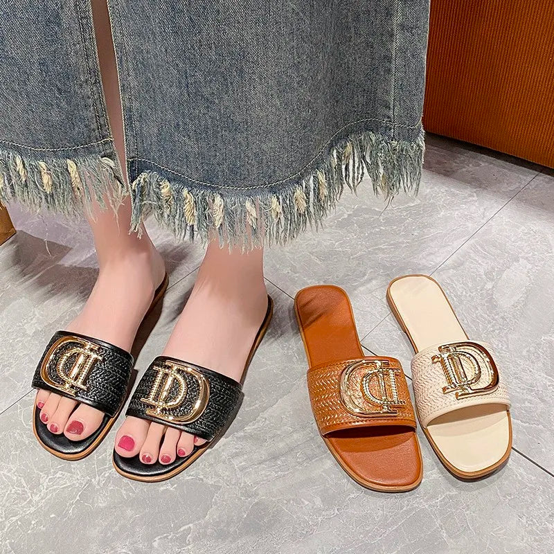 Women Luxury Decor Weave Design Flat Sandals Fashion Open-toe Vacation Casual Slides Party Sexy Elegant Office-Ladies New Shoes