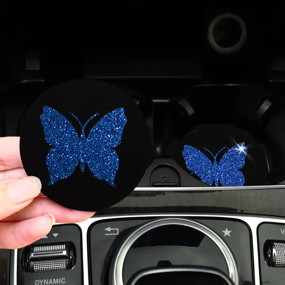 Two Cute Pink Butterflies Glitter Light Car Water Cup Pads for Women with Car Accessories