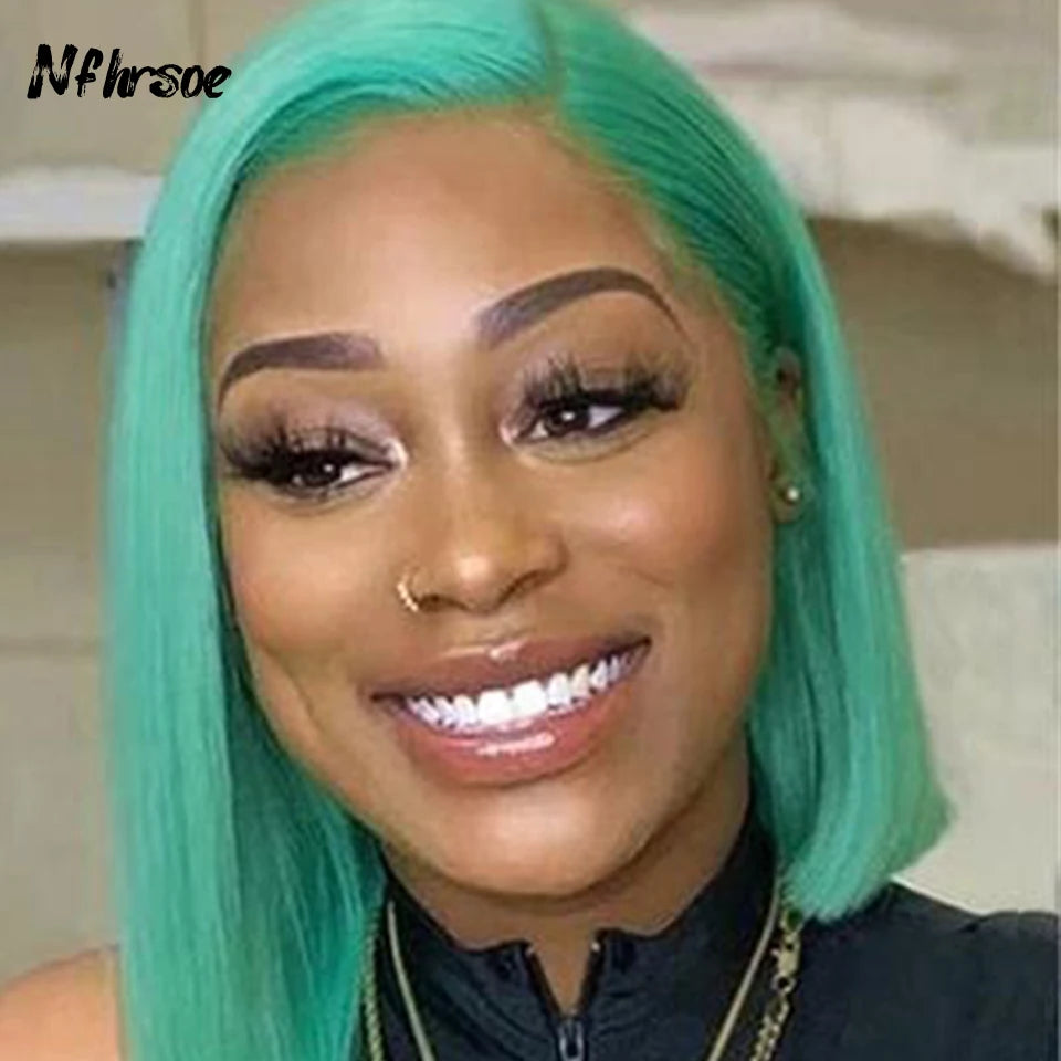 13x4 Mint Green Short Bob Lace Front Human Hair Wigs HD Transparent Straight Colored Frontal Wigs  Bob Wig For Women