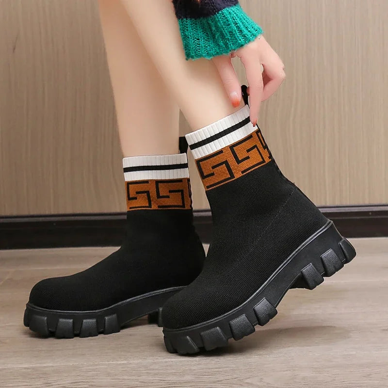 2022 Autumn Winter New Couple Socks Shoes Women Thick-soled Casual Large Size Net Black Knitted Short Boots Women Botas De Mujer - MAGUSTA BEAUTY