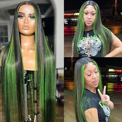 13x4 HD Highlight Green Straight Lace Frontal Wigs Ombre Human Hair Wigs Black and Green Highlight Long Straight Lace Front Wig