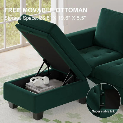 Velvet Reversible Sectional Sofa with Chaise Convertible L Shaped 4 seat Sectional Couch with Storage Ottomans Green