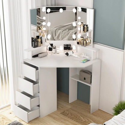 Vabches Corner Vanity Makeup Desk with Lights Tri-Fold Mirror Bedroom Vanity Table with Power Strip 4 Drawer Wood Dressing Table