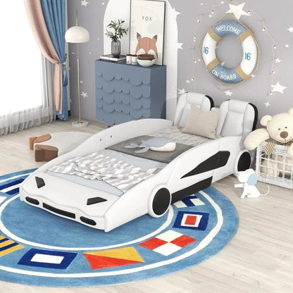 Twin Size Car Bed,Race Car-Shaped Platform Wooden Bedframe with Wheels & Both Sides,Slat Support,Children Beds Furniture