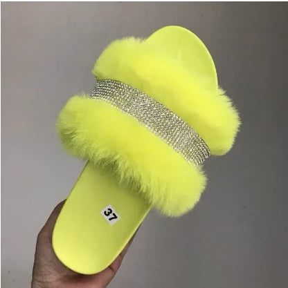 Women Fur Rhinestone Slippers Platform Wedges Without Heel Fluffy Furry Slides Flat Flip Flops Shoes Ladies Shiny Bling