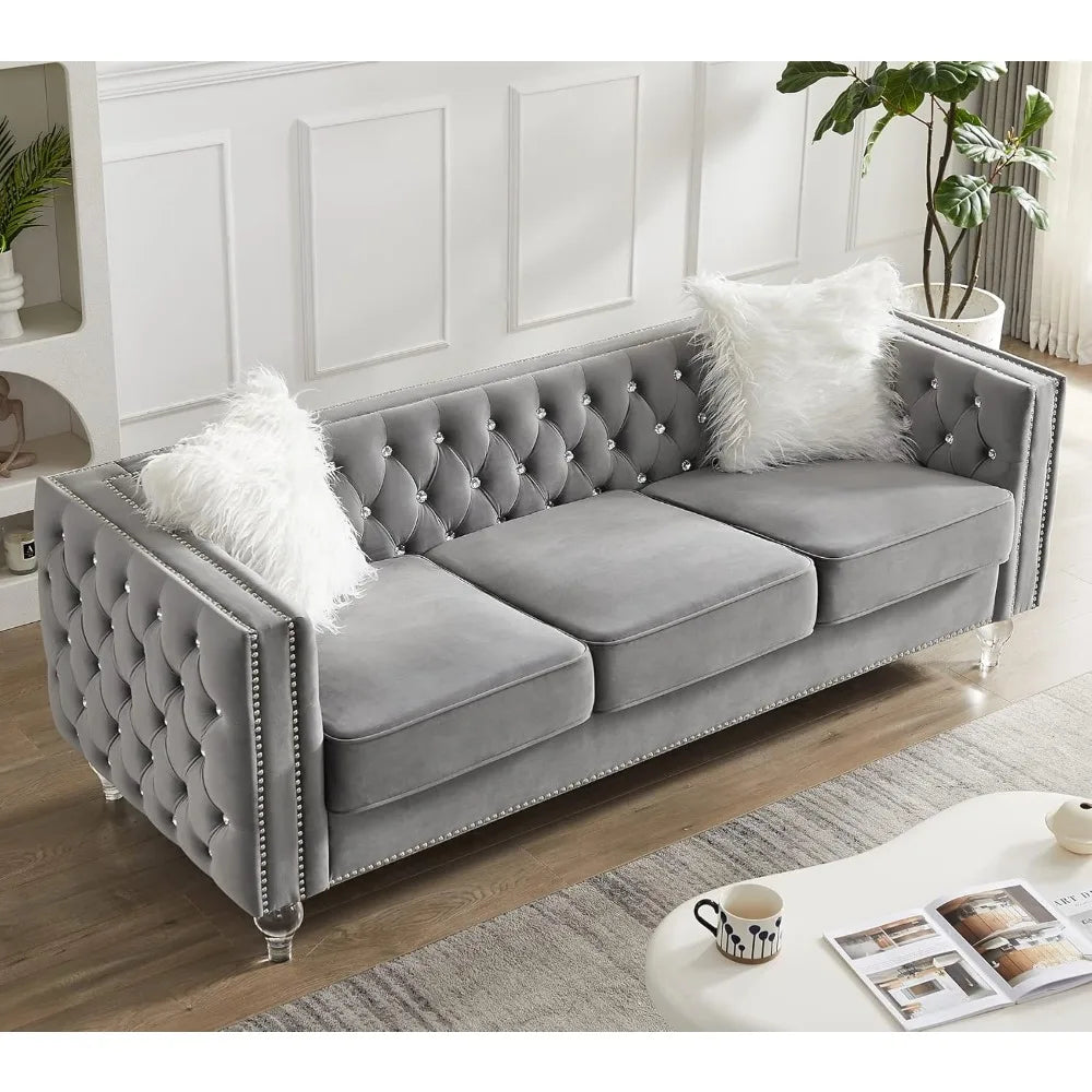 Velvet Sofa Couch 83 Inch Long Modern Sofa with Acrylic Legs and 2 Pillows, Jeweled Buttons Tufted Couch Modern Decor Furniture