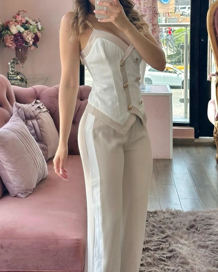 Women's Two-Piece Double Breasted Chain Strap Cami Top&straight Leg Pants Set 2024 Spring V-Neck Sleeveless Skinny Pants Set