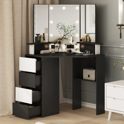 Vabches Corner Vanity Makeup Desk with Lights Tri-Fold Mirror Bedroom Vanity Table with Power Strip 4 Drawer Wood Dressing Table