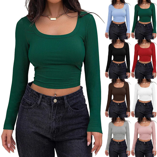 Women's Long Sleeve Square Neck Crop Top Ribbed Slim Fitted Y2K Casual T-Shirt Tops