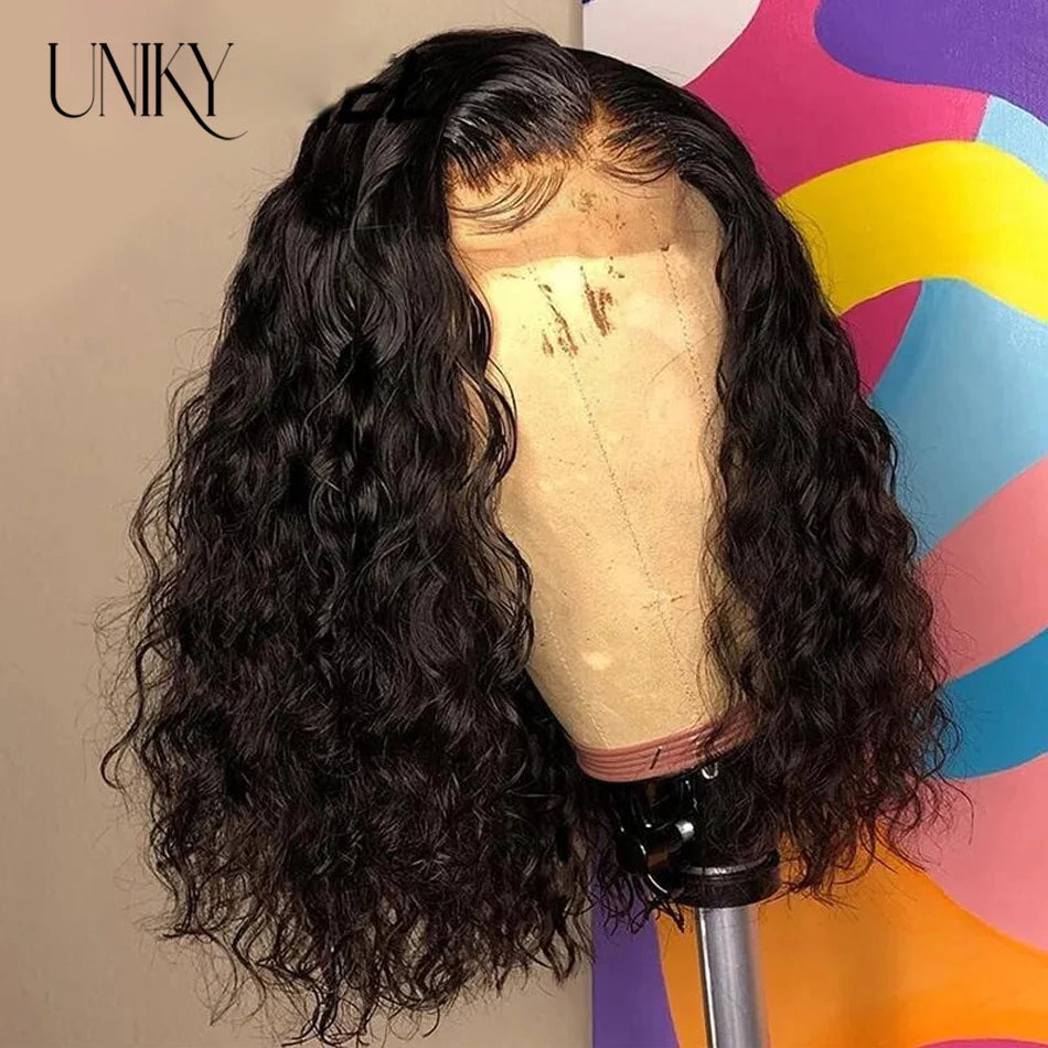 Water Wave Lace Wigs 180Density Transparent 4x4 Closure Lace Wigs For Women Deep Curly Bob Wig Side Part T Part Human Hair Wigs