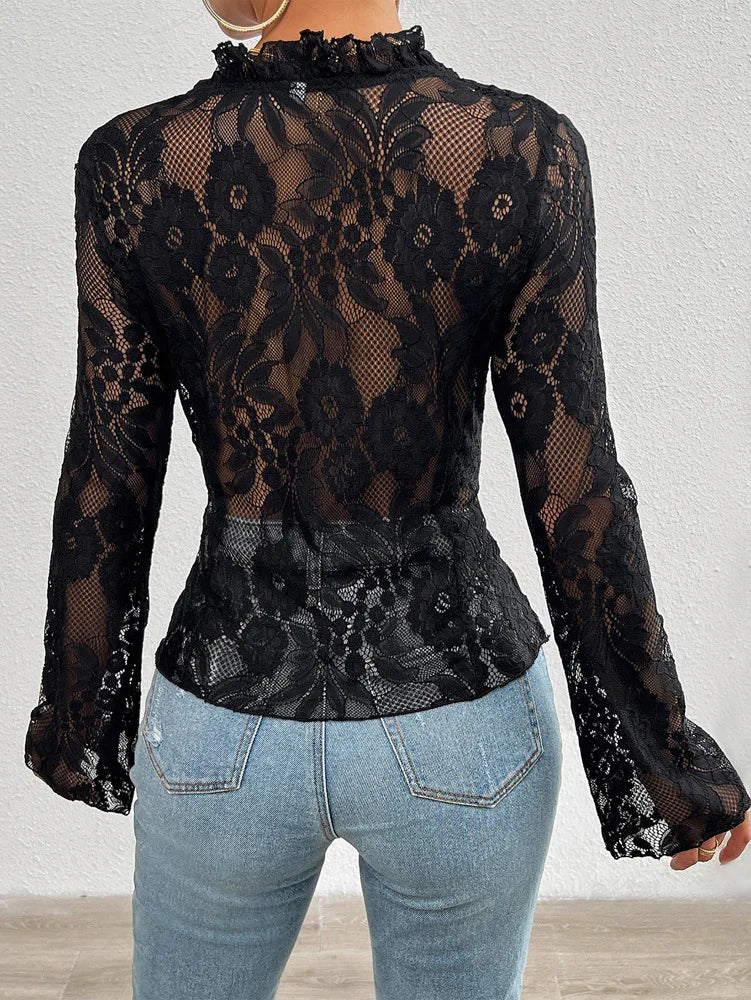 Women's Summer Long Sleeve Lace See-through Sexy Blouse,Shirts & Blouses,Women Clothing,Womens Tops And Blouses,Tops For Women