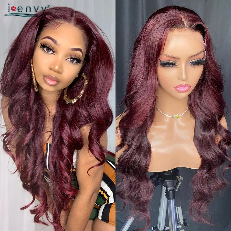 13X4 Hd Transparent Lace Front Wigs Burgundy Red Human Hair Wigs Pre Plucked 30 Inches Body Wave Lace Front Wigs For Women Curly