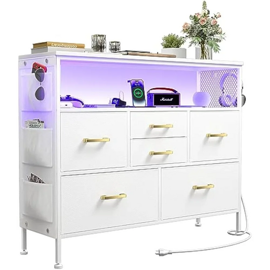 YILQQPER Dresser for Bedroom TV Stand with Power Outlets and LED Light, 6 Drawers Dresser with Side Pockets & Hooks