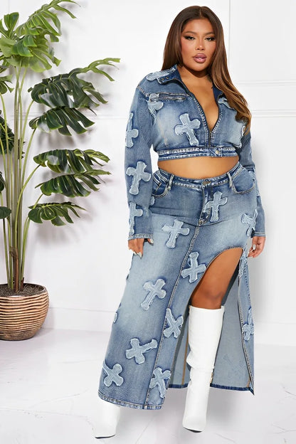 Tassel Embroidery Denim Two Piece Skirt Set Women Long Sleeve Zipper Jackets Crop Tops High Waist Side Split Maxi Pencil Skirts