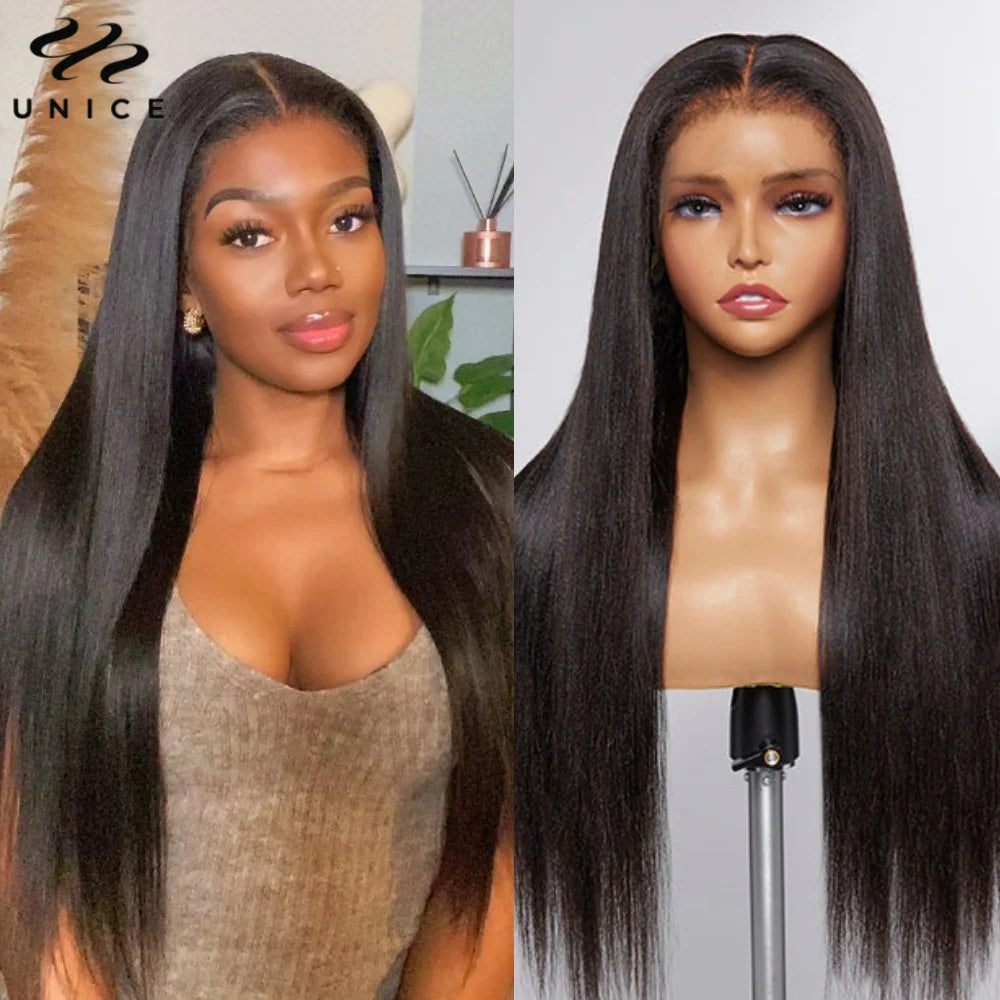 UNice Hair 4C Edges Yaki Straight Lace Wig 7x5 Pre Bleached Pre Cut Lace Closure Wig Human Hair Wear Go Glueless Wig for Women