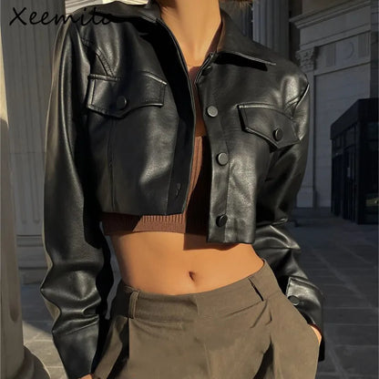 Xeemilo Autumn Faux Leather Short Jacket Y2K Turn-down Collar Fashion Botton Decoration PU Coat 2022 Grunge Street Casual Coats - MAGUSTA BEAUTY