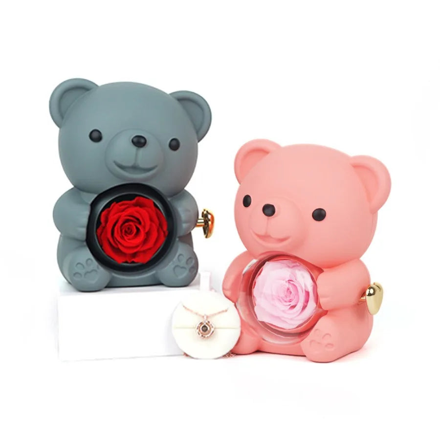 Valentine's Day Rose Hug Bear Jewelry Box Preserved Real Rose Gifts for Girlfriend Women Wife Mother's Day Birthday Anniversary