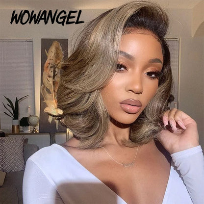 13X4 HD Lace Front Wigs Short Bob Wigs Ash Blonde Lace Front Wigs Dark Roots Colored Wig Wavy Body Wave Human Hair Wig For Woman