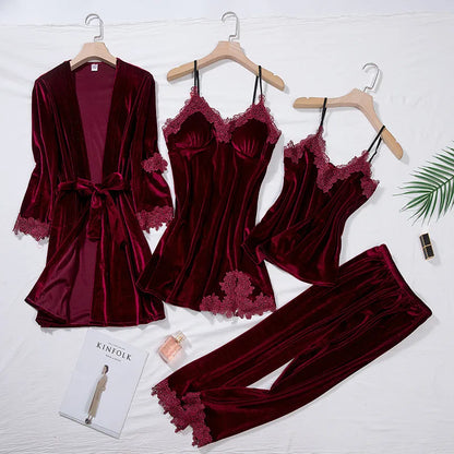 Velvet Four Piece Pajamas Set Autumn Female Sleepwear Lounge Wear Sexy Burgundy Lace Bathrobe Nightgown Loose Velour Homewear