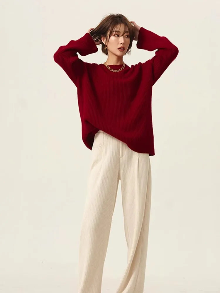 Turtleneck 100% cashmere sweater women loose thickening age reduction niche vintage red crewneck sweater women long sleeves