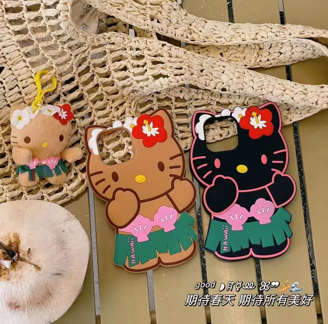 Hello Kitty Hawaiian Series Mobile Phone Shell Anime Sanrio 3D Stereoscopic Fall Prevention Iphone 14 13 12 11 Pro Soft Shell