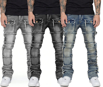 Trendy Men Jeans, European and American Fashionable Workwear with Patch, Elastic, Laminated and Slightly Flared Men Denim Pants.