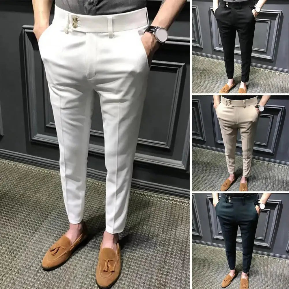 Trendy Men Ninth Pants Slim Fit Ninth Trousers Office Pockets Wear-resistant Zip Up Ninth Suit Pants