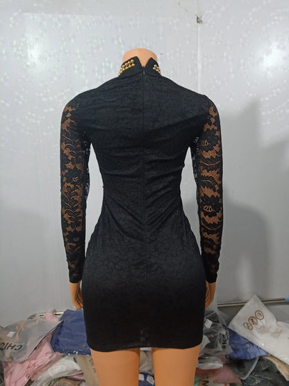 Women's Sexy Dress 2024 Spring Summer Latest V-Shaped Collar Hot Diamond Mesh Lace Splicing Mini Dress Long Sleeve Short Skirt