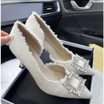 White Design Rhinestones Women Pumps Spring Fashion Pointed Toe Female Shallow High Heel Elegant Women's Work Dress Shoes