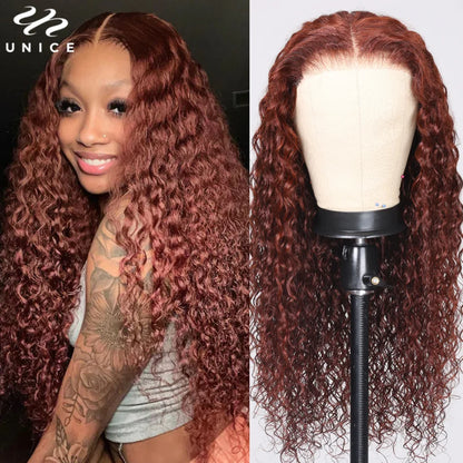 UNice Hair Reddish Brown Water Wave Wig 7x5 13x4 Human Hair Lace Frontal Wig Pre Cut Pre Bleached Glueless Wig Ready To Wear Go